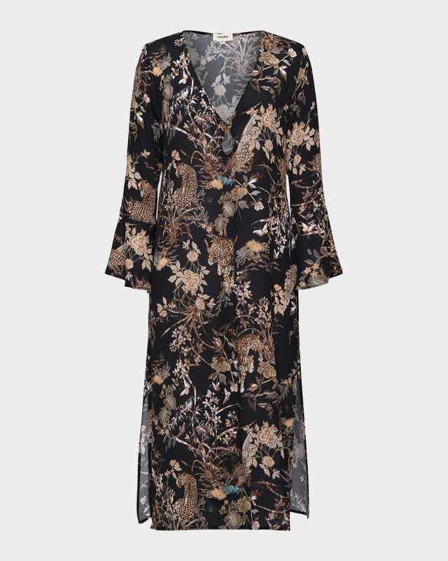 Sara Jungle Sheer Chiffon Long-Sleeve Maxi Dress